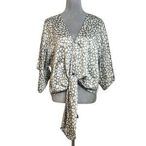 By Together Blouse Women’s L Taupe Animal Print V-Neck Tie Front Spring Summer